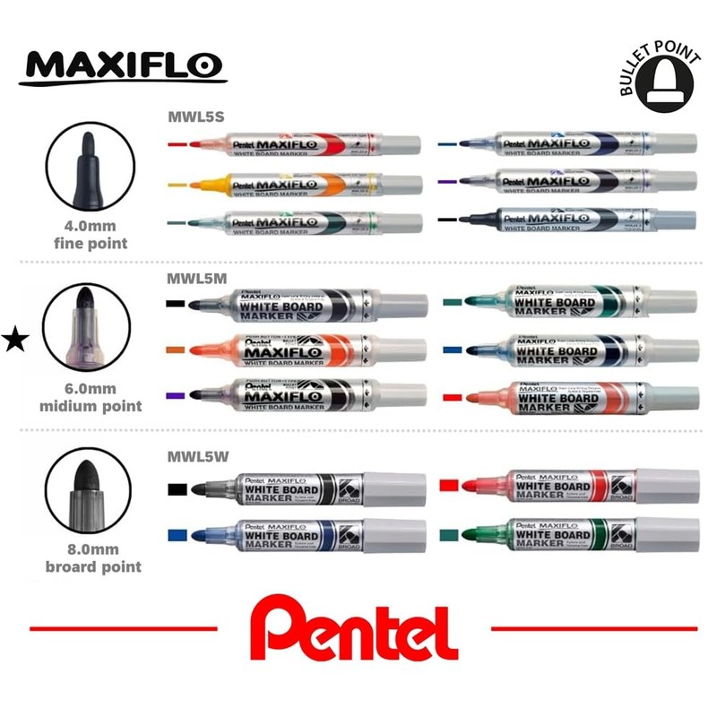 Pentel Maxiflo Pack of 4 Whiteboard Bullet Marker Broad Tip-Black,