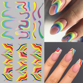 MAIOUSU STORE 12 Sheets Rainbow Slider Nail Water Transfer Stickers French Tips Nail Stickers Colorful Geometric French Tips Nail Decals Watermark Nail Designs Manicure Stickers(10)