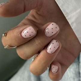 Uñas postizas cortas cuadradas de presión - Uñas postizas rosas y negras con lunares, acabado brillante, reutilizables con pestañas adhesivas - Kit de