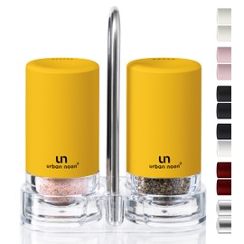 Yellow Salt and Pepper Shakers with Holder - Elegant Stainless Steel Salt Shaker and Pepper Shaker Set with Acrylic Holder for Kitchen Counter or Restaurant Table