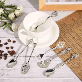 6 unidsset cuchara de café tallada Vintage cucharadita Retro aleación de zinc postre café vajilla cucharas cubiertos cocina(Plata)                    