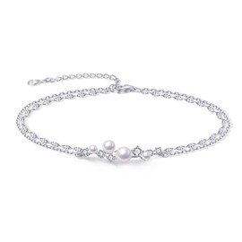 FH.bird Pearl Bracelet, Women's, Wedding Brand, Hypoallergenic, 925 Silver, 2 Strands, Simple Bracelet, Women's, Birthday Gift, Silver