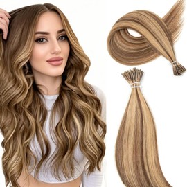 Boymia Extensiones De Cabello Humano Con Punta I #4-27, Reflejos Castaños Medios, 16 Pulgadas, Liso Y Sedoso, 50 Hebras