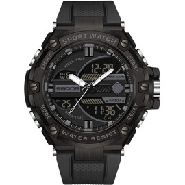 findtime Large Men's Military Watch, Tactical Digital Watch for Men Boys 5ATM Waterproof Outdoor Sports Watch Digital Analogue Double Time Display 12/24H, black, Strap.