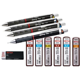 rOtring Tikky Mechanical Pencil (Black Barrel, Set of 4) HB 0.7/0.5/0.35/1.0 + Refills and Eraser B20