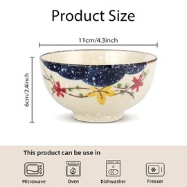 clothmile 4.5 Inch Japanese Retro Rice Bowls Set of 6 Japanese Style Hand-Painted Floral Plum Ceramic Bowls for Cereal, Soup, Dessert, Snack, Fruit, Salsa for Xmas Holiday Present