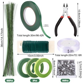 Pengxiaomei Floral Tape and Floral Wire Floral Arrangement Kit,Green Floral Tape and Boutonniere Pin White Ribbon Wire Cutter 22 Guage Floral Stem Wire for Wreath Making Supplies