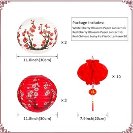 16Pack Paper Lanterns Chinese Japanese Red Cherry Blossom Hanging Paper Lantern Decoration, 12in Hanging Lanterns for Chinese Spring Festival, Wedding, Celebration, Lantern Festival Decoration