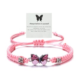 Meztole Always Believe in Yourself Butterfly Bracelet Adjustable String Charm Butterfly Pink Bracelets for Women,Hand Woven Lucky Bracelet Butterfly Friendship Bracelet for Women (Pink)