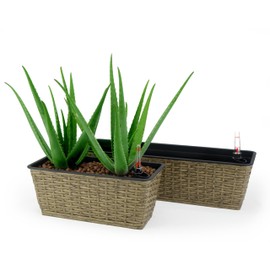 The Fellie Self-Watering Rectangle Planter Set of 2 for Indoor and Outdoor - Hand Woven Wicker Flower Pots for Balcony Living Room Backyard
