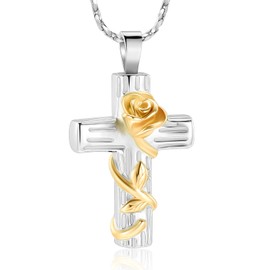 Imrsanl Cremation Jewelry Urn Necklace for Ashes Rose Flower Cross Urn Pendant for Men Women Keepsake Memorial Ash Jewelry for Loved Ones (Gold) (IM-C12244-2)