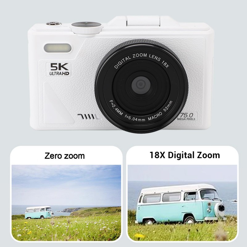 5K Digital Camera with 18X Optical Zoom, 75MP Vintage Digital