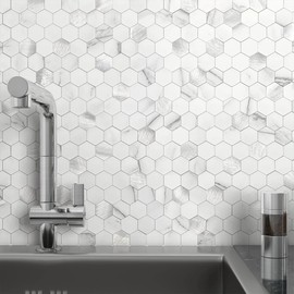 MOFIT Hexagon Peel and Stick Backsplash Tiles Kitchen,Self-Adhesive Metal and Marble Honeycomb Peel and Stick Wall Tiles Sticker Mosaic Heat Resistant(White Silver,10sheets)