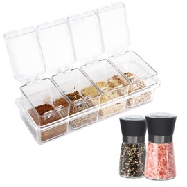 UOIXPUHUO Toppings Containers with Lids and Spoons, Clear Seasoning Box Spice Rack with 2 Pcs Salt and Pepper Grinder Set, Acrylic 4 Compartment Condiment Organizer for Salt Sugar Cruet Peppercorn