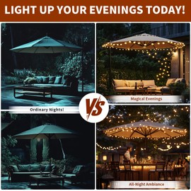 Patioman LED String Lights for Patio Umbrella - 60 Shatterproof Globe Waterproof Lights, Solar Powered with 8 Lighting Modes for Outdoor, Garden, Camping, Beach, Party Decoration, Warm White