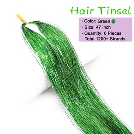 MISSUHUI Hair Tinsel Kit with Tools 47Inch 1200 Strands Fairy Hair Tinsel Heat Resistant Glitter Tinsel Hair Extensions Sparkling Shiny Hair Tinsel Strands Kit for Women Girls 6Pcs (Green)