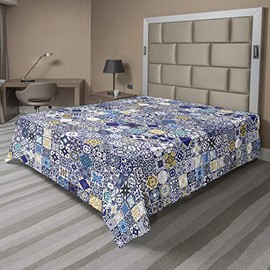Ambesonne Moroccan Flat Sheet, Mediterranean Square Tile Motifs Pattern Vintage Traditional Composition, Soft Comfortable Top Sheet Decorative Bedding 1 Piece, King Size, Royal Blue