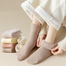 OLBUPS 3 Pairs of Cashmere Socks, Women's Winter Fleece Socks, Thickened Warm Tube Autumn and Winter Super Thick Stockings (Black + off-white + coffee)