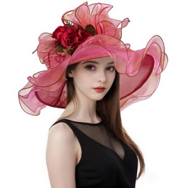 yrsZX Organza Church Derby Hats for Women Wedding Tea Party Fascinator Floral Wide Brim Sun Hat 06 Fuchsia