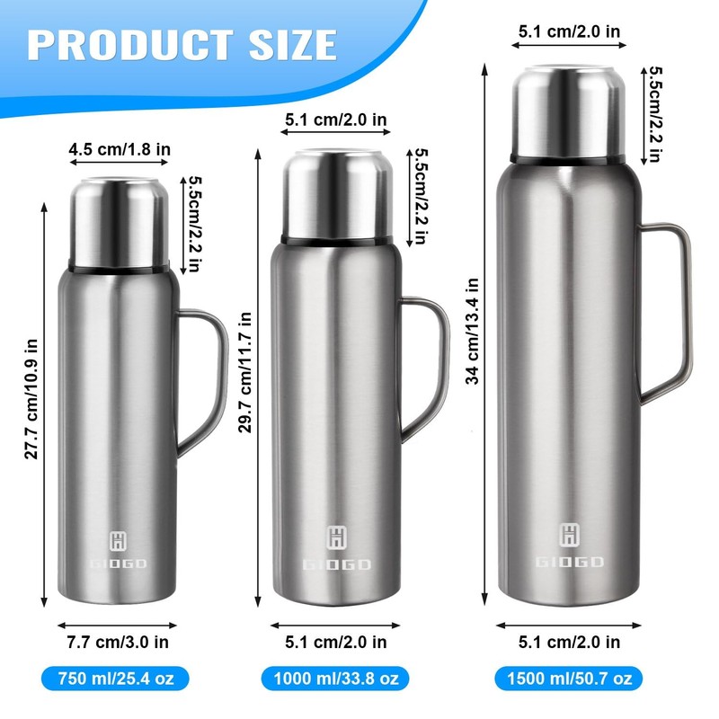 Insulated Vacuum Thermo Bottle 1500ml/50.7oz with Cup Stainless Steel Coffee