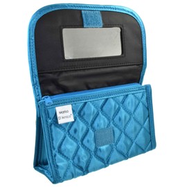 TropicaZona Travel Portable Purse Size Makeup Case Cosmetic Bag with Mirror, Quilted Satin Turquoise Teal