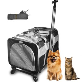 Cat Carrier for 2 Cats, Large Dog Cat Carrier with Wheels for Under 44lbs, Rolling Pet Carrier with Removable Pole Platform and Upgraded Wheels Dog Cat Travel Carrier for Hiking Camping, Black