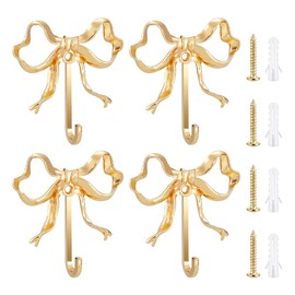 GOMAKERER 4 Pcs Bow Hooks for Wall, 2.6x2.6Inch Gold Coat Hook Wall Mount Purse Hanger Bow Room Decor Hooks for Coats Living Room Bathroom Bedroom Shower Curtain