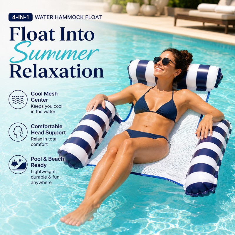 4-in-1 Inflatable Water Hammock Pool Float – Striped PVC Floating
