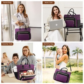 LOVEVOOK Teacher Tote Bag for Women Work, Laptop Bag Work Tote Bag Nurse Bags With Large Cup Holder, Professional Computer Briefcase Business Large Purses Handbag, Diaper Bag Mother Gift, Black-Purple