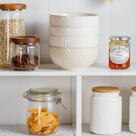 MIKIGEY Ceramic Cereal Bowls 30 OZ, Soup Bowls Set of 4 for Kitchen, Stoneware Bowls with Embossment, White Bowls for Cereal, Soup, Rice, Salad, Fruits, Microwave & Dishwasher Safe