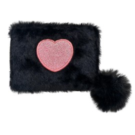 Coin Purse Credit Card Holder Furry Wallets Cute Wallet for Girls Zipper Coin Purse for Women Mini Coin Pouches with Plush Ball Pendant Wallet (black)