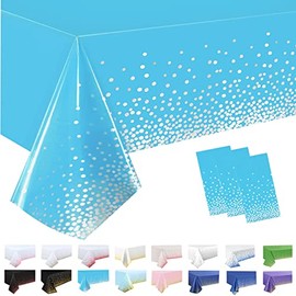 3Pack Baby Blue and Silver Dot Table Cloth Party Disposable Tablecloths,137x274cm Large Confetti Table Covers Rectangle Plastic Tablecloth Party for Picnic,Wedding,Birthday,Christmas Table Decorations