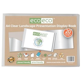eco-eco A4 50% Recycled 20 Pocket Clear Landscape Presentation Display Book, Storage Case Portfolio Art Folder with Plastic Sleeves, eco175
