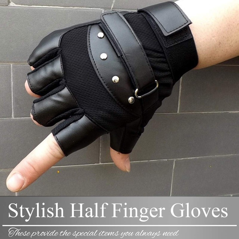 BUZZxSELECTION GB006 Men's Leather Gloves Fingerless Mesh Studded Motorcycle Survival