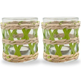 Rattan Woven Tea Light Candle Holder, Pack 2 Seagrass Hand Woven Green & Brown Votive Tealight Candle Holder Glass Hurricane, Indoor Outdoor, for Home Dining Table Holiday Decor