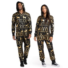 Tipsy Elves Christmas Onesies for Adults - Comfy Unisex Matching Holiday Jumpsuits with Convenient Pockets - Cozy Black Golf Foil Fair Isle Reindeer Christmas Jumpsuit Size XX-Large