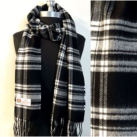 Unbranded Mens Womens Winter Warm England Made 100% CASHMERE Scarf Plaid Wool Black /Cream