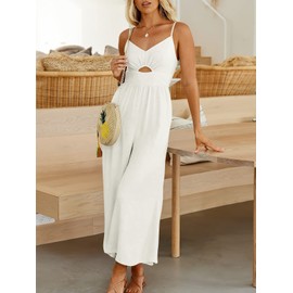 ANRABESS Women Summer Casual Spaghetti Strap Sleeveless V Neck Cutout Linen Wide Leg One Piece Jumpsuit Dressy Romper Outfits off white X-Large