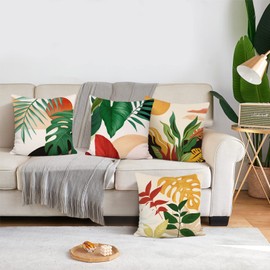 Bonhause Tropical Leaves Cushion Covers 45 x 45 cm Palm Leaf Sunset Decorative Throw Pillow Covers Soft Velvet Pillowcases for Sofa Patio Garden Decor Set of 4