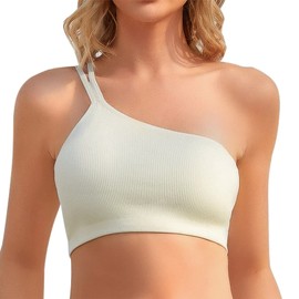 INIBUD One Shoulder Sports Bra Bralette for Women Seamless Bandeau Removable Padded Adjustable Strappy Summer Bra Top White M