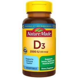 Nature Made Vitamin D3 2000 IU (50 mcg), Vitamin D Supplement for Bone, Teeth, Muscle and Immune Health Support, 90 Softgels, 90 Day Supply
