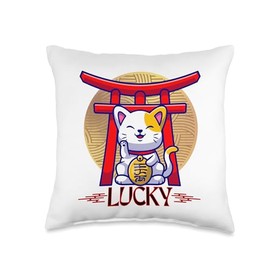 Maneki Neko Japanese Lucky Cat Cute Happy Raised Paw Throw Pillow