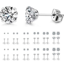 Cutapick 12 Pairs Stud Earrings Set, Hypoallergenic Surgical Stainless Steel 316L Earring for Women Men, Cubic Zirconia, 6 Different Sizes (3, 4, 5, 6, 7, 8 mm), Silver