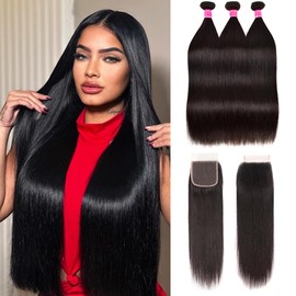 Wlily Straight Bundles with Closure Human Hair 100% Unprocessed Straight Hair Bundles 26 28 30+20 Inch 10A Brazilian Human Hair with 4X4 HD Lace Closure Free Part