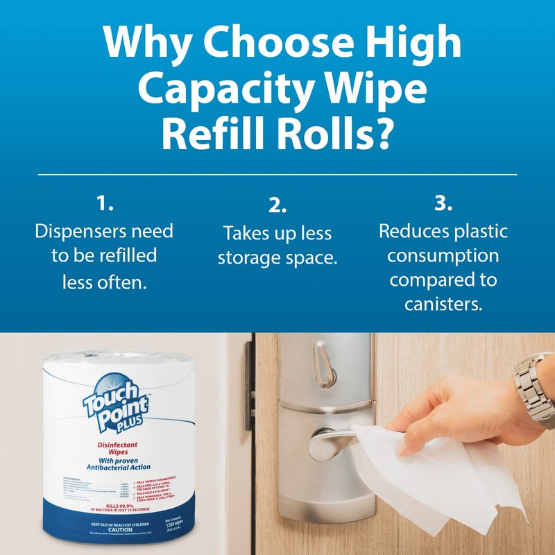 Touch Point Plus Disinfectant Wipes Roll - 1200 8”x6” Wipes,