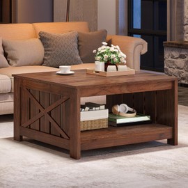 DWVO Square Coffee Tables for Living Room Farmhouse Coffee Table with Storage, 2-Tier Wood Center Table with Half Open Storage Compartment, Espresso
