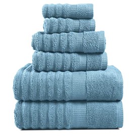 Ribbed Bath Towels - 100% Cotton Bathroom Towels Set, Zero Twist, Soft Towel Set, Quick Dry, Luxury Towels for Bathroom, 2 Bath Towels, 2 Hand Towels, 2 Wash Cloths - Blue (6 Piece Set)