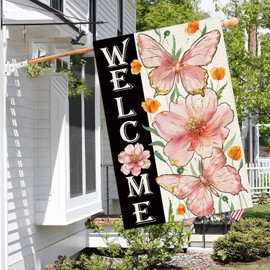 Baccessor Spring Pink Flora House Flag 28 x 40 Inch Double Sided Burlap Welcome Butterfly Flowers Farmhouse Large Yard Flag Seasonal Holiday Easter Outdoor Outside Decoration