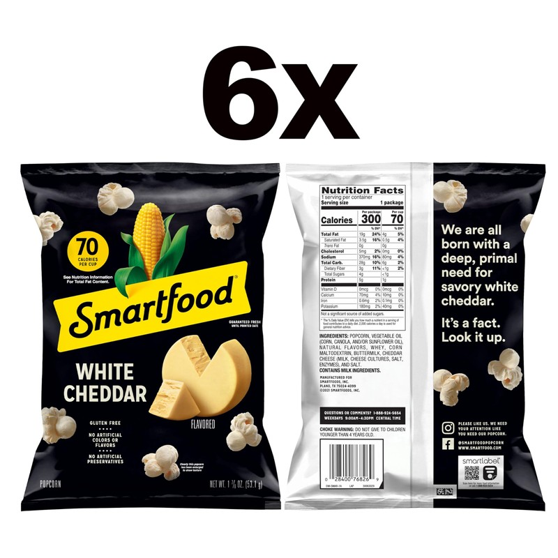 Smartfood Popcorn, White Cheddar, 1.875 Oz (Pack of 6)