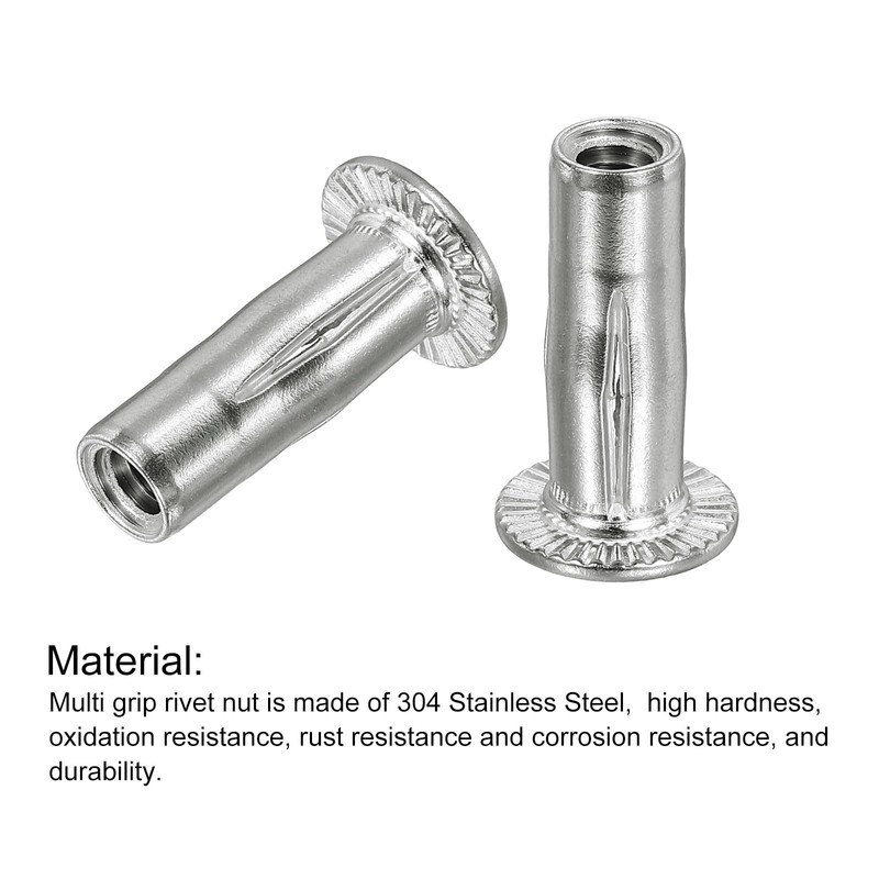 uxcell 1/4-20 Multi-Grip Rivet Nuts, 8pcs Pre-Bulbed Shank Flat Head